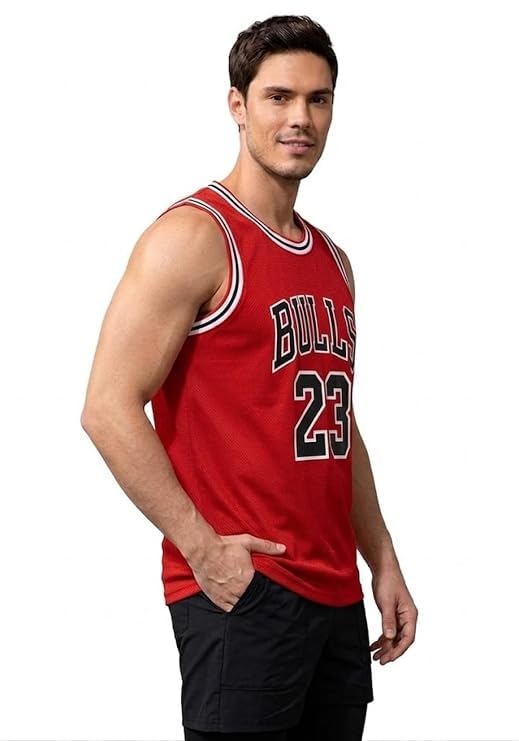 Image of AKAR Men's Basketball Jersey Sleeveless Athletic Vest, Bulls 23 Print, Black, Lightweight Breathable Performance Shirt for Gym & Fitness
