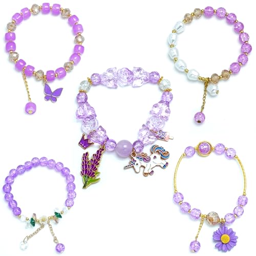 Image of 5PCS Beaded Charm Bracelets for Girls Unicorn Dainty Kawaii Crystal Beads Bracelets Set for Teens Girls Adjustable Stretch Bracelet Birthday Graduation Gift For Daughter Niece Granddaughter
