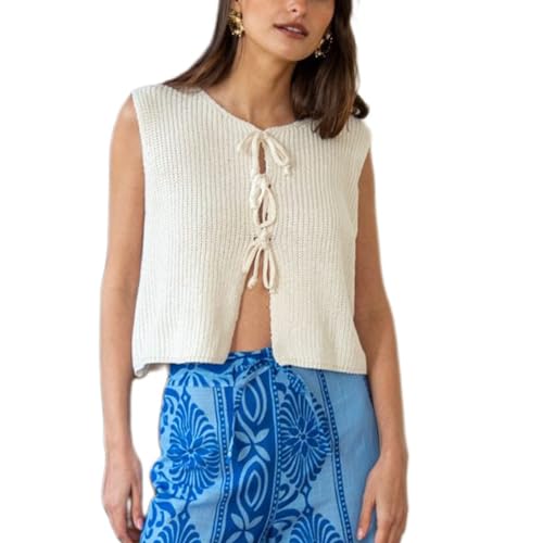 Image of WYFC Women Tie Front Vest Top Y2k Crochet Vest Sleeveless Casual Knit Open Front Top Going Out Top White M