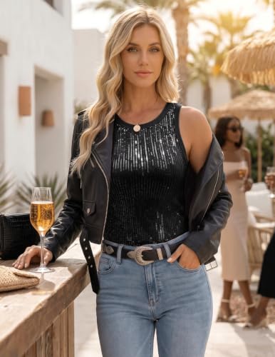 DRESSTELLS Women's Sparkly Tank Top, Sleeveless Fitted Sequin Summer Tops 2026, Going Out Blouse for Party, Concert, Birthday & Night Club Black L — view 4