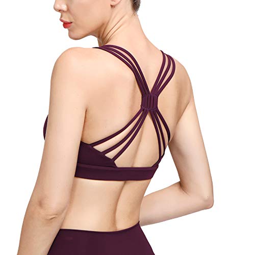 altiland Strappy High Impact Sports Bras for Women Padded Supportive Fitness Athletic Workout Running Yoga Tops (Burgundy, Small)