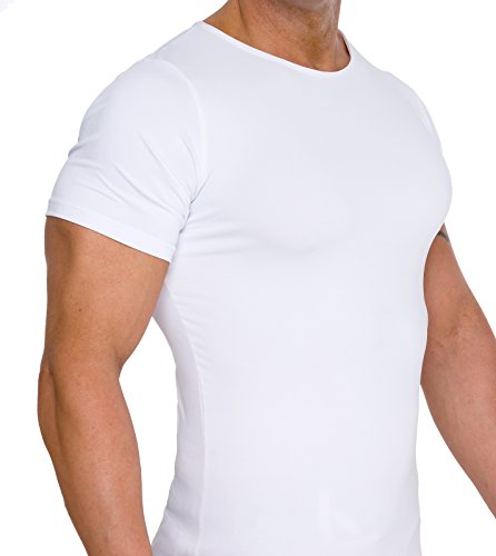 LISH Men's Slimming Light Compression Crew Neck Shirt - Short Sleeve Body Shaper T-Shirt for Weight Loss (White, XX-Large)