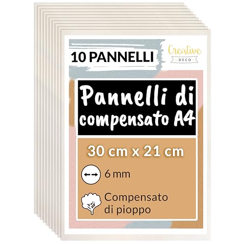 Creative Deco 10 x A4 Compensato Pannelli Legno Pioppo 6 mm | Pannelli Compensato 300 x 210 x 6 mm (+/- 2mm) | Fogli di Legno per Decorazione, Modellare, Pannelli Taglio Laser, Pirografia, Pareti