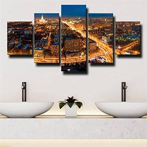 Cuadro En Lienzo Decoracion 5 Piezas HD Imagen Impresiones En Lienzo Luces Nocturnas De La Ciudad De Moscú Lienzo Grandes XXL Murales Pared 5 Paneles De Pinturas De Obras De Arte Moderno Cover