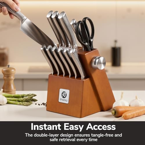 Image of imarku 14-Piece Knife Set, Japanese Stainless Steel Knives Set for Kitchen, Full-Tang Gyutou Knife Sets with Block and Build-in Sharpener, Brown, Dishwasher Safe, House Warming Gifts for Men