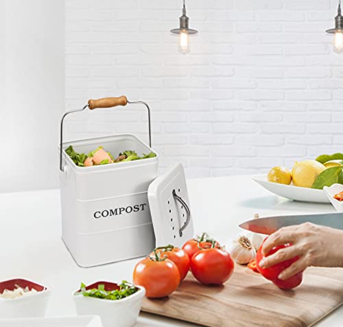 Ayacatz Stainless Steel Compost Bin For Kitchen Countertop Compost Bin，1 Gallon, Kitchen Trash Can -Includes Charcoal Filter，Compost Bucket Kitchen Pail Compost With Lid -White #TOP5