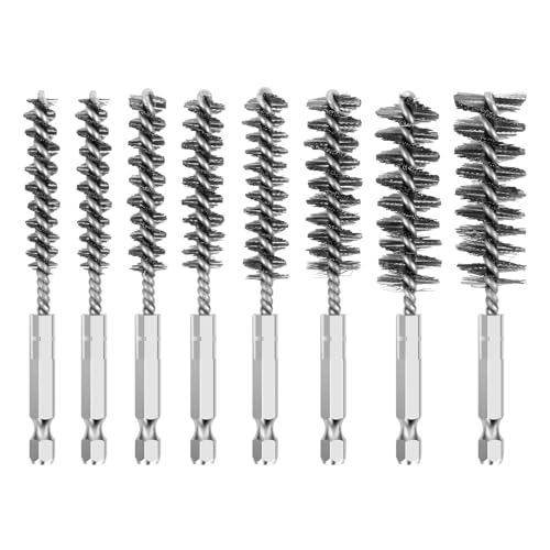 8 Pcs Stainless Steel Bore Brush Set for Drill 1/4 inch Hex Shank Wire Bore Brush Set 8 Sizes Cleaning Wire Brushes Automotive Rust for Tube Cleaning