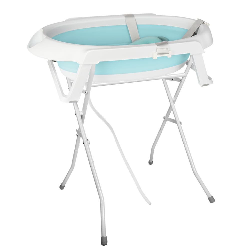 Bañera plegable para bebé con soporte, ergonómica con cojín, diseño blanco y rosa, drenaje integrado (verde)