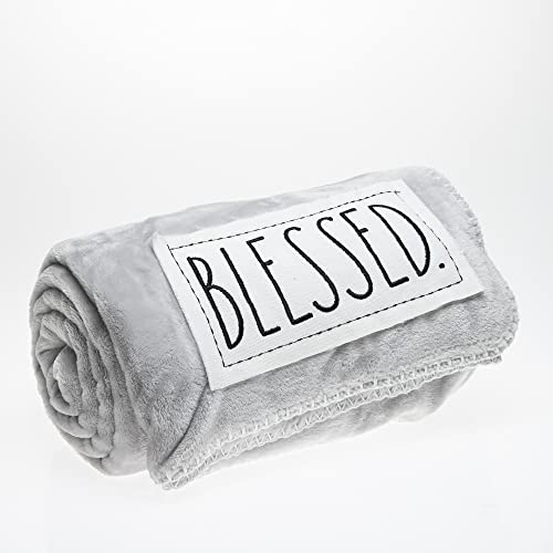 Rae Dunn Throw Blanket- Soft, Decorative Blankets For Bed Or Couch, Cozy Throws For Sofa, Plush Light Grey Fleece Throw Embroidered With Blessed, 50 Inches X 60 Inches #TOP4