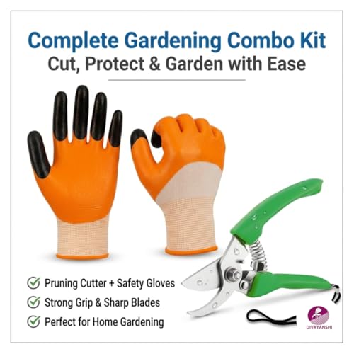 Image of Divayanshi Gardening Gloves & Plant Cutter Combo | Safety Gloves with Sharp Garden Cutter | Easy Grip, Durable Tools for Cutting, Weeding & Home Gardening