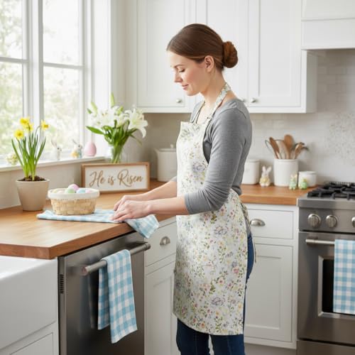 Image of Aqua 6 Pack Large Cotton Tea Towels - 30 inch x 20 inch with Hanging Loop - Highly Absorbent, Lint-Free, Washable Teal Kitchen Towels - Plaid Pattern