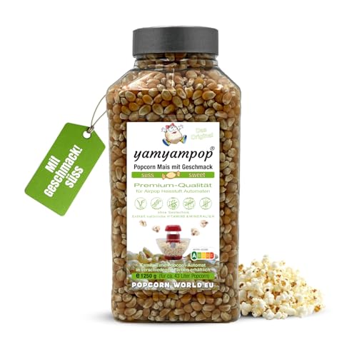 YamYamPop Popcorn Mais mit Geschmack süss - 1250g Premium Popcornmais für die Heißluft Popcornmaschine - süsses Popcorn, Zubereitung ohne Öl und Zucker - keine Gentechnik (süss)