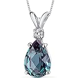 PEORA 14K White Gold Created Alexandrite with Genuine Diamond Pendant for Women, Color-Changing Teardrop Solitaire, 2.55 Carats Pear Shape 10x7mm, Color Change Alexandrite Jewelry, June Birthstone
