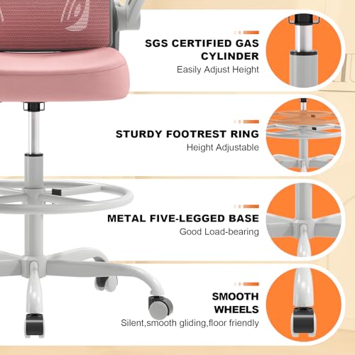 Image of Synorla Ergonomic Drafting Chair, Tall Mesh Office Chair with Flip-up Armrests, Lumbar Support & Adjustable Footrest Ring for Standing Desk Gray Pink