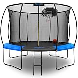 SereneLife 10FT Outdoor Trampoline for Kids – Durable Backyard Kids Trampoline with Curved Safety Poles, Net Enclosure, Ladder & Basketball Hoop – ASTM Certified, Supports 308 lbs, 120'x111', Blue