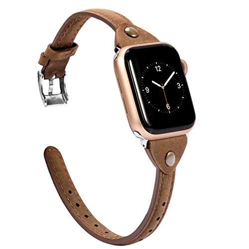 Wearlizer Scrub Deep Brown Leather Compatible with Apple Watch Thin Leather Band 38mm 40mm 41mm for iWatch SE Women Men Stylish Narrow Strap Cute Wristband (Silver Clasp) Series 9 8 7 6 5 4 3 2 1