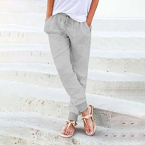 Womens Casual Linen Pants High Waist Drawstring Summer Loose Fit Pants Straight Leg Trousers with Pockets3