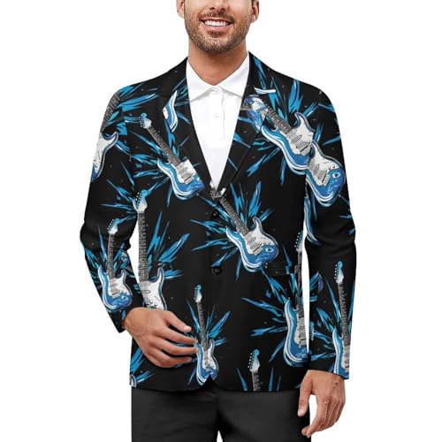 Guitar Blue Men's Suits Dress Business Formal Suit Print Jackets Coat for Wedding Party