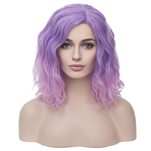 Image of BERON 14 inch Women Girls Colored Short Curly Bob Wavy Purple Ombre Pink Shoulder Length Wig Body Wave Daily or Cosplay Hair Wigs