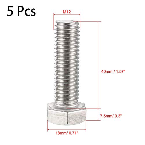 Image of 5 Pcs M12 Hex Bolt M12-1.75 x 40mm UNC Hex Head Screw Bolts A2-70(304) Stainless Steel Fully Threaded Hex Tap Bolts,Plain Finish,Fully Threaded (M12 x 40mm)