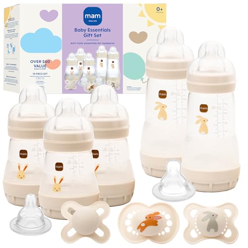 Image of MAM Easy Start Anti-Colic Baby Bottle & Pacifier Set, 5 Self Sterilizing Bottles (3X 5oz, 2X 9oz) & 3 Original Pacifiers 0–16 Months + Extra Nipples, Newborn Feeding Gift Set