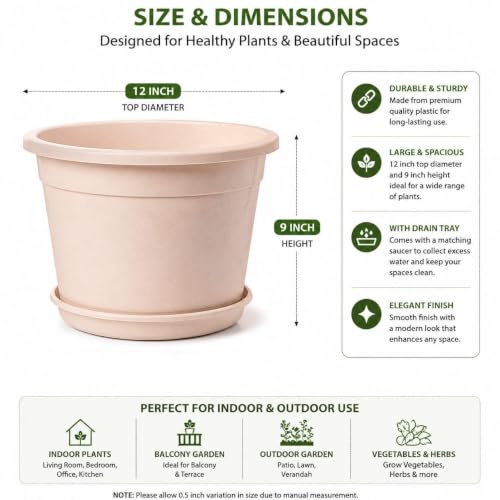 Image of 12 Inch Glossy Plastic Planter with Bottom Plate | Heavy Duty Flower Pot with Tray for Indoor Home Decor, Balcony, Living Room & Outdoor Garden (12 Pot, Blush Pink Sparkle)