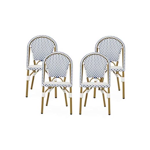 Christopher Knight Home Philomena Outdoor French Bistro Chair (Set of 4), Blue + White + Bamboo Print Finish