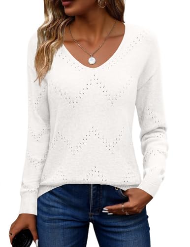 Zeagoo Suéter Punto Mujer Elegante Cuello V Manga Larga Otoño Invierno Liso Suéter Blanco XL