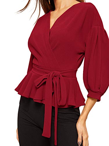 Shein Women's Lantern 3/4 Sleeve V Neck Ruffle Blouse Tie Waist Wrap Peplum Top Scarlet Medium #TOP3