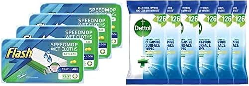 Flash Speedmop Wet Cloth Refills, Floor Cleaner, Lemon Anti-Bac, 96 Wipes (24 x 4) & Dettol Anti-Bacterial Surface Cleaning Wipes, 756-Piece