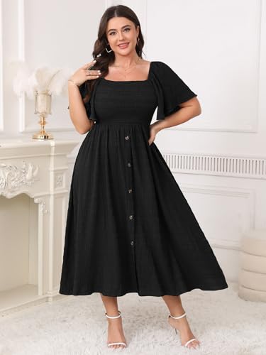 Image of Plus Size Casual Maxi Boho Dress for Curvy Women Short Sleeve Square Neck Smocked Summer Beach Dresses Button Down