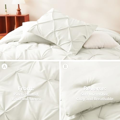 CozyLux King Size Comforter Set Ivory, 7 Pieces Pintuck Bed in A Bag Ivory Comforter King Size, Pinch Pleat Bedding Set with All Season Comforter, Sheets, Pillowcases & Shams