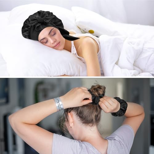 Starvortex Schlafhaube Satin Lange Haare, Einstellbar Satin Haarhaube, Belüftung Haarhaube für Die Nacht mit 2pc Satin Haargummi Seidenhaube Zum Schlafen, rutschfest Schlafhaube Seide (Schwarz)