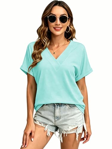 Image of T Shirts Short Sleeve V Neck Tees Womens Tops Beach Vacation Fashion Clothes 2026 Casual Summer Spring Fall Outfits