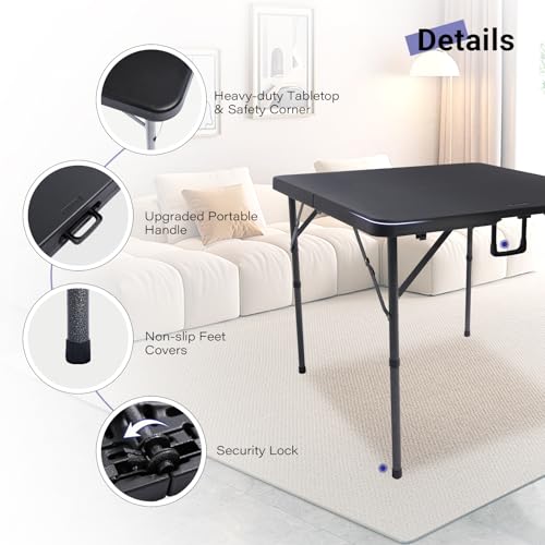 Image of Byliable 34 inch Square Folding Card Table, Fold-in-Half Utility Dining Portable Table Heavy Duty HDPE Plastic Foldable with Carrying Handle Indoor Outdoor for Picnic, Camping, Party, Black