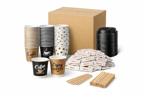 Kit Pause Café 950 Pièces DOLCECREMA – 300 Gobelets Papier 4 oz + 50 Couvercles + 300 Sucres Individuels + 300 Touillettes Bois – Pack Café Bureau, Entreprise,...
