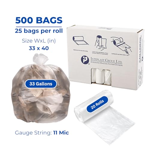 Image of Inteplast S334011N 33 Gallon Capacity, 40 inch Length x 33 inch Width x 11 Micron Thickness, Natural Color, High-Density Commercial Coreless Roll Can Liner (Case of 20 Roll, 25 Bags per Roll)