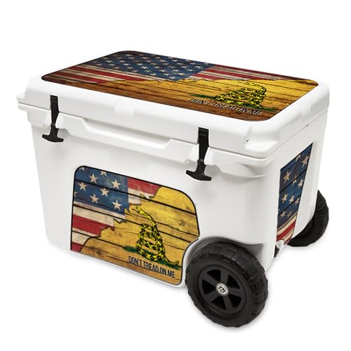 Image of USATuff Vinyl Cooler Lid & Insert Kit Compatible w YETI Haul Wheeled Tundra - Easy Peel & Stick Application Cooler Skin Decal Wrap, Durable Pre-Cut Pieces, for Outdoor Use - Gadsden Don't Tread Split