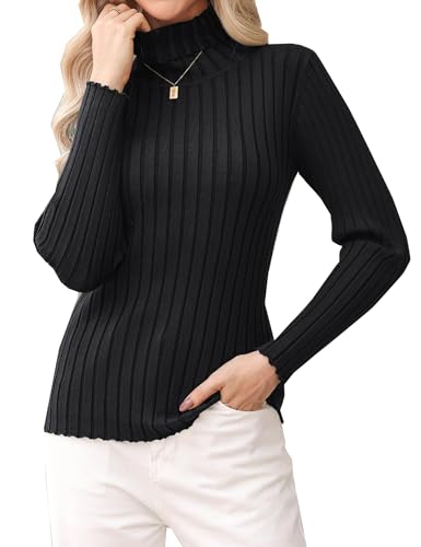 Gyabnw Pullover Damen Rollkragen Strickpullover Langarm Warmer Pulli Basic Gestrickt Sweater Obertiele Herbst Winter Schwarz,L