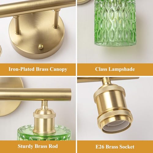 Image of Bathroom Vanity Light, Gold Wall Fixture Over Mirror, Green Glass Shade Lighting with Bulbs Included for Bedroom & Living Room,3-Lights