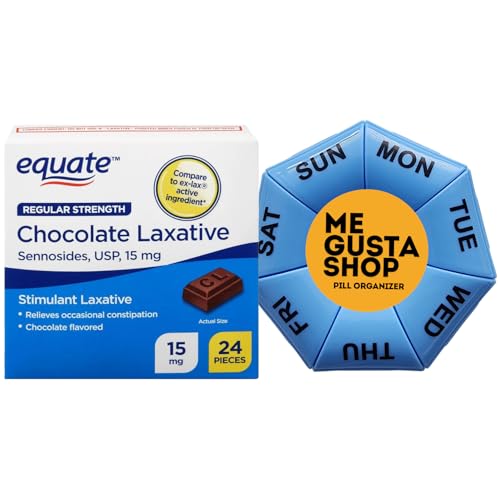 Equate Regular Strength Chocolate Laxative, Sennosides, USP, 15mg, Stimulant Laxative Relieves Constipation, Chocolate Flavored 24 Count + Me Gustas Stickers
