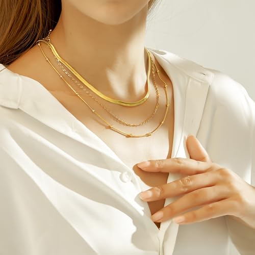 wgoud Gold Necklace for Women Waterproof,14K Real Gold Plated Herringbone Choker Necklace for Women Trendy, Dainty Gold Chain Necklaces Stack,Simple Layered Gold Necklaces for Women Jewelry Gifts3