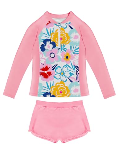 Image of Girls 2 Pieces Rash Guard Swimsuit 1 /4 Zip Long Sleeve Bathing Suit Set Kids Swimwear with Sports Shorts