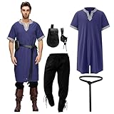 Mittelalter Kleidung Herren Set, 5 Stück Renaissance Kostüm, Kurzarm Tunika Hose mit Zubehör, Erwachsener Wikinger Viking Ritter Outfit für Halloween, Karneval, Mittelalterfest, Faschingskostüme