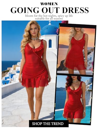 Avidlove Women's Sexy Ruched Bodycon V Neck Ruffle Hem Mini Dresses Red - image 6