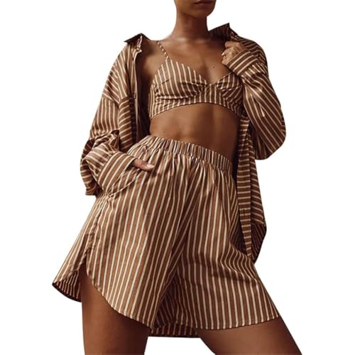 XYGJZ Women's Casual 3 Piece Outfit Set Stripe Long Sleeve Shirt Bra Top Shorts Tracksuit Set