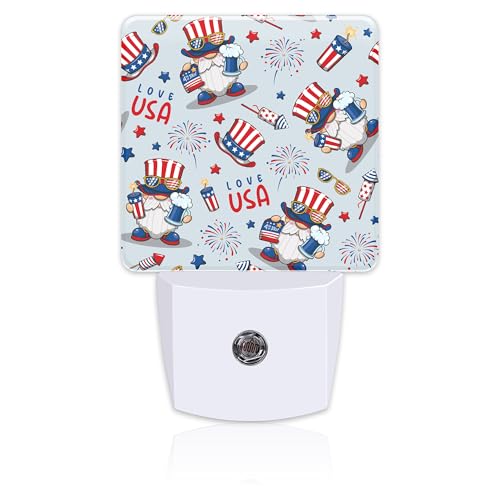 Image of Cute American Patriotic Gnomes Night Light Plug into Wall, USA Flag Love USA Dusk to Dawn Night Light Plug in,0.5w Energy Saving Sleep Friendly NightLight for Kids Boys Girls Home Decor