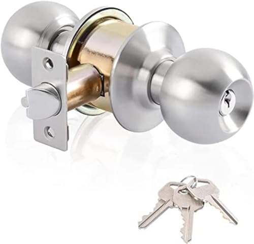 Door Knob with Lock Bedroom - Keyed Entry Door Knob Lock Interior and Exterior Bathroom,Stainless Steel Privacy Locking Door Knob Round Ball Door Lock Brushed Nickel(Silver)