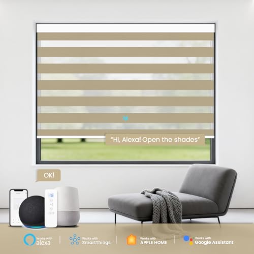 Image of Motorized Blinds with Remote Control 95% Blackout Electric Zebra Blinds for Windows Compatible with Alexa Google for Home Office Champagne, Custom Sizes