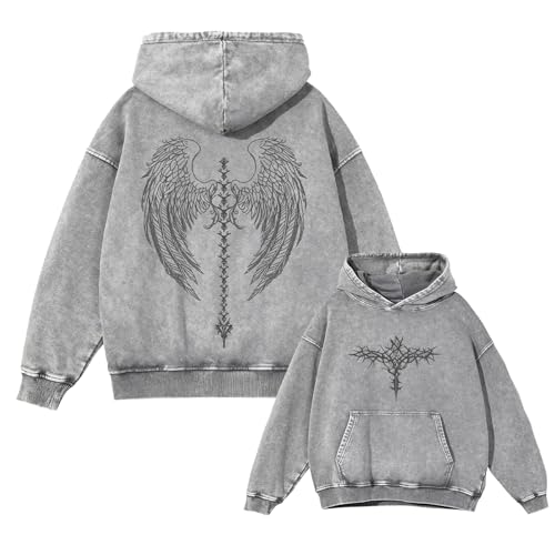 Dynict Unisex Y2K Aicd Wash Gothic Graphic Hoodies Oversize Grunge Skull Wing Print Sweatshirt Casual Fit Pullover (Grey,Small)